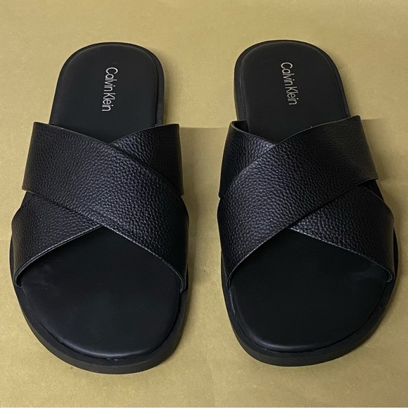 NEW Calvin Klein Enrico Slide Sandals Black Round Toe Criss Cross 12 - Picture 1 of 8
